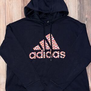 ADIDAS Womens 1X Navy Fleece Hood Step Hem Logo Graphic Hoodie